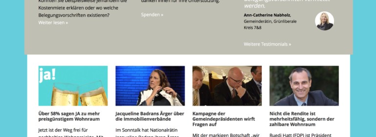 Die Startseite, zeitweise mit animiertem Slider, Seitenteaser, Bloganriss.